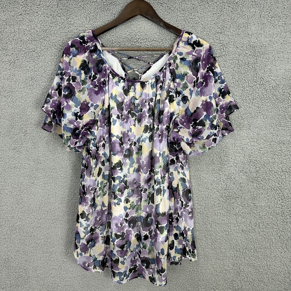 AGB‎ Womens 2X Purple Floral Chiffon Lace Up Top Ruffle Short Sleeve Boho - Picture 3 of 7